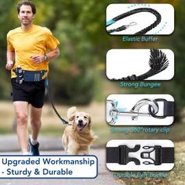 KIKNIN Hands Free Dog Leash with Pouch,Water Bottle Holder-Dual Padded Handles & Durable Bungee Waist Dog Leash for Dogs(20lb-80lb), Adjustable Belt Pouch,Reflective Stitching Leash for Hiking Jogging