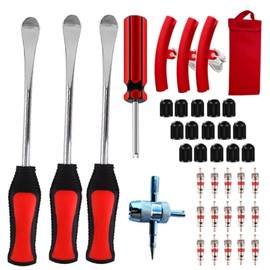 39Pcs Tyre Lever Tool Set, 3Pcs 30CM Tyre Lever Spoons with 3Pcs Rim Protectors, 15Pcs Valve Caps and Cores, 1Pcs Wrench with 4 Way Valve Tool - for Repairing Changing Motor Bike Car Tire