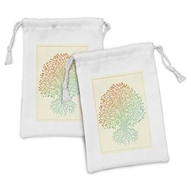 Lunarable Tree of Life Fabric Pouch Set of 2, Vintage Tree of Life Pattern Tribal Cultural Mandala, Small Drawstring Bag for Toiletries Masks and Favors, 9" x 6", Cream Orange Seafoam