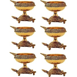 SATVIK Set of 6 - Brass Turtle Kuber Diya – Engraved Floral Design Pooja Diya, Oil Lamp, Tea Light Holder for Mandir, Home Decor, Diwali, Lakshmi Pujan, Housewarming Gift, Kutthu Vilakku, Nilakku
