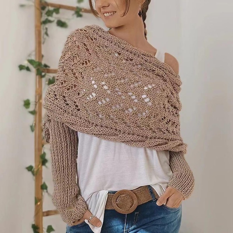 Multifunctional Scarf Sweater Wrap With Sleeves for Women (Khaki)