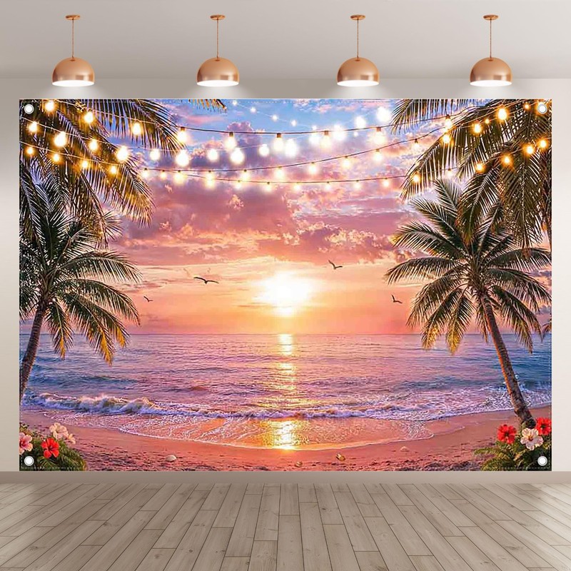 Swepuck Fabric 7x5ft Hawaiian Beach Pink Sunset Backdrop