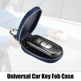 uxcell Universal Car Key Fob Case Genuine Leather Car Key Cover Car Smart Key Fob Holder Keyring Wallet Zipper Bag for Auto Remote Key Fob Blue