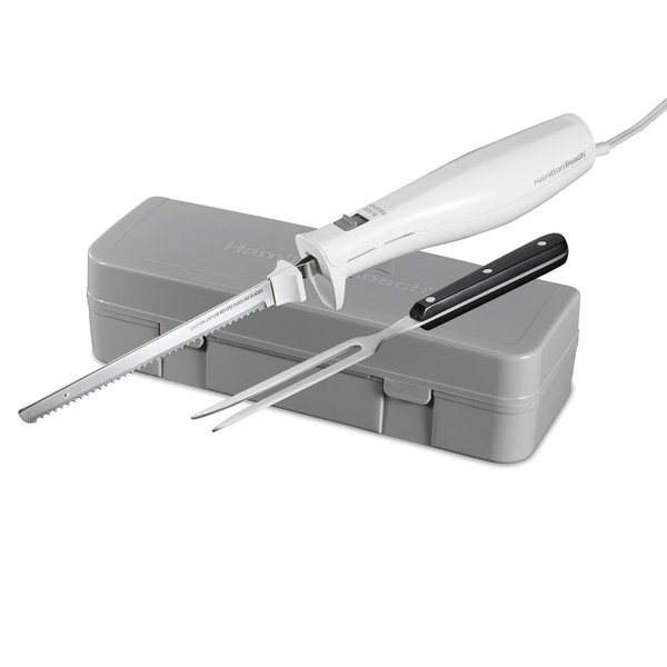 Hamilton Beach Electric Knife for Carving Meats, Poultry, Bread, Crafting Foam & More, with Reciprocating Serrated Stainless Steel Blades, Ergonomic Design, Storage Case & Fork Included, White