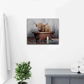 Highland Cow Wall Art Bathroom Decor Cow in Bathtub Canvas Print Longhorn Picture Farmhouse Wall Decor Stretched and Framed 16x20inch