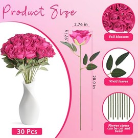 30 rosas de seda artificiales de color rosa intenso con tallo largo para arreglos, bodas, fiestas, decoración del hogar