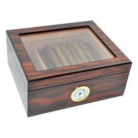 DUCIHBA Cigar Humidors Storage 25-50 Cuba Cigars Case, Tempered Glass Top Display, Handcraft Spanish Cedar Wood Desktop Cigar Box with Divider, Humidifier and Hygrometer, Gift for Man, Macassar Brown
