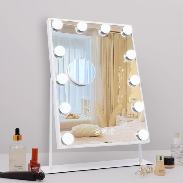 Leishe Hollywood Vanity Mirror with Lights, Lighted Makeup Mirror with 3 Color Lighting Modes & 12 LED Blubs, 360 Degree Rotationand 5X Detachable Magnification(White)