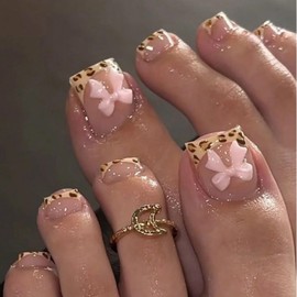 GlamRays 24 Piece Leopard Toe Nail Stickers Short Square False Toenails French Tip Stickers 3D Pink Bow Design