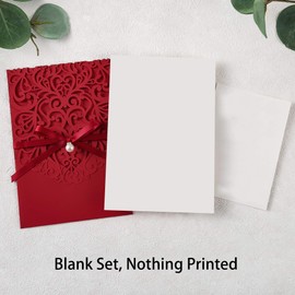 DreamBuilt 5X7.2 Inch 50PCS Blank Laser Cut Red Quinceanera Invitations With RSVP Cards and Envelopes And Ribbon Belly Band with Pearl Embellishments for Wedding