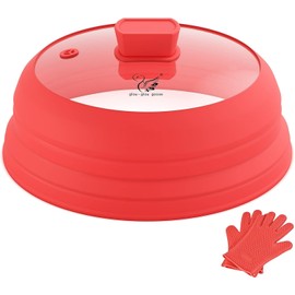Microwave Splatter Cover Glass with Collapsible Silicone for Food Cover Plate Cover 10.8 inch with Anti-Scalding Gloves