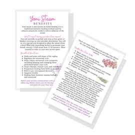 Boutique Marketing Yoni Steam Benefits Infocards | 30 Pack | 4x6” h Large Postcard Size, white,purple,Black,pink,greenwithHerbsDesign