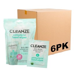 Cleanze Antibacterial Hand Sanitizing Hand Wipes | Individual Hand Wipe Packets, Unscented Disinfecting Hand Sanitizer Wipes with Aloe | Travel Sanitizer, 50 Count - 6 Pack