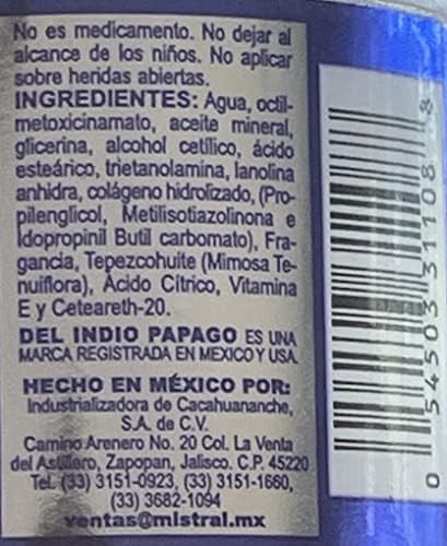 Del Indio Papago Tepezcohuite 120G Crema Piel Colageno Y Vitamina E Protector Solar Spf-15 Blanco