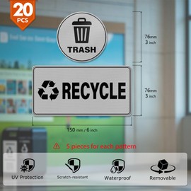 YIKIADA 20 Pack Recycle and Trash Stickers 4 Piece Set Vinyl Weatherproof Self Adhesive Waste Sign for Bins Home Business