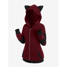 ROSE GAL Rosegal Women Plus Size Cat Ear Ribbed Colorblock Hooded Blouson Jacket Animal Ear Two Tone Cute Hoodie(Red_1/5X)
