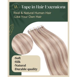 Ugeat Tape in Hair Extensions Ash Blonde Highlights Bleach Blonde Hair Extensions for Women Invisible Tape in Hair Extensions Real Human Hair 16inch 20Pcs 50G