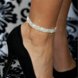 Unbranded Ankle Bracelet, 3 Rows Sparkling Diamante Crystals Anklet, Stretchy