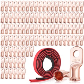 XHF 100PCS 2 AWG-5/16 Heavy Duty Battery Lugs with 3:1 Heat Shrink Tubing, Ring Terminals Battery Cable Ends Copper Eyelets Electrical Battery Connectors