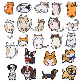 Embroidered Iron on Patches, 22PCS Assorted Styles Vivid Cute Cat and Dog Patch Applique Clothes Dress Plant Hat Jeans Sewing Flowers Applique DIY Accessory