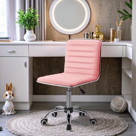 Furmax Mid Back Task Chair,Low Back Leather Swivel Office Chair,Computer Desk Chair Retro with Armless Ribbed (Pink)