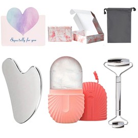 Herramientas de masaje facial: tabla y rodillo gua sha, soporte de hielo de silicona: reutilizable, bonita caja de regalo, no necesita electricidad, fácil de completar el cuidado facial(rosa)