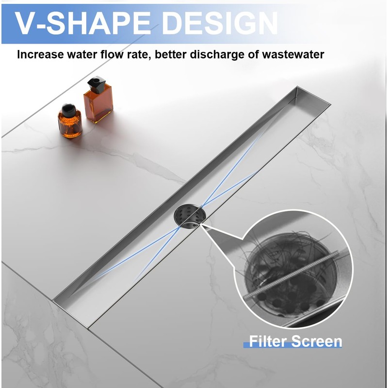 24-Inch Linear Shower Drain with Tile Insert Grate, SUS 304