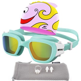 Whale Children's Swimming Goggles with Children's Swimming Cap, Polarised Swimming Goggles with UV Protection Children's Swimming Goggles Swimming Cap Set (light green)