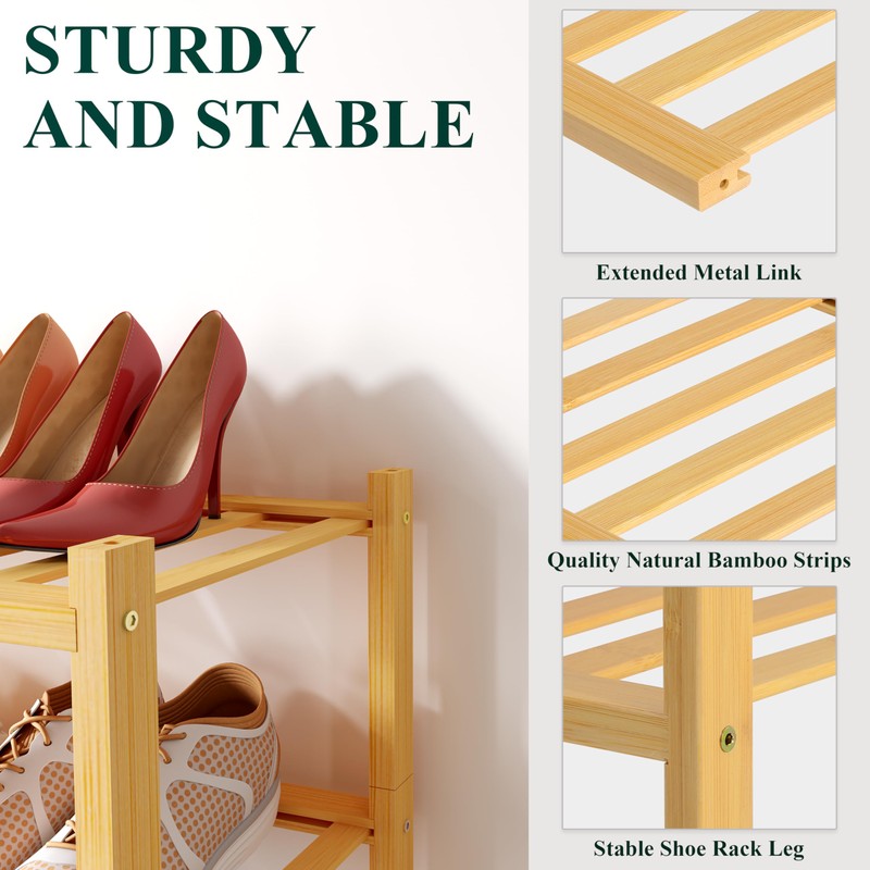 Smiry Bamboo Shoe Rack for Closet, 3 Tier Wooden Stackable