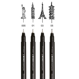 Tombow WS-EFL-H-F-4P Mono Drawing Pen Fine Set Pigment Ink Water and Light Resistant for Illustrating and Drawing Black Set of 4
