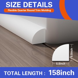 1/2 Inch Flexible Quarter Round Molding, Peel and Stick, Corner Molding Trim, Waterproof Rubber Edge Molding Quadrilateral Trim for Wall Corner Countertops (White, 158Inch)