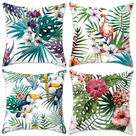 Betadistor Green Cushion Covers 45 x 45 cm，Set of 4 Green Leaves with Birds Design Pillow Cover Microfibre Pillow case for Sofa Garden Bed Couch Cushions, Green, 502-0034