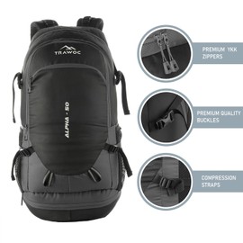 TRAWOC ALPHA 50L Travel Backpack - Water Resistant Daypack for Cycling, Trekking, Hiking & Camping, Men & Women-Grey