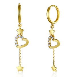 14k REAL Yellow Gold Heart & Star CZ Drop Earrings