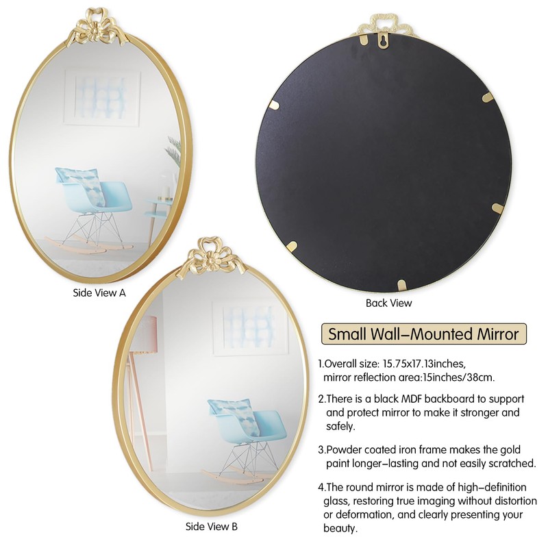 BITALYE 15.75" Small Bow Decorative Round Mirror,Gold Metal Frame Circle