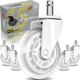 Office Chair Wheels for Casters Replacement - 3" Rubber Wheels for Computer Gaming Desk Caster Smooth & Safe Rolling for All Floors Including Hardwood and Carpet - Set of 5 - White
