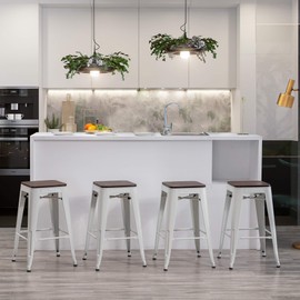 Changjie Furniture Backless Industrial Metal Bar Stool with Wooden Seat Kitchen Stackable Counter Bar Stools Set of 4 (30 inch, White Wooden)