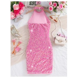 SweatyRocks Girl's Sparkly Sequin Halter Dress Ruched Sleeveless Bodycon Party Dresses Hot Pink 11Y