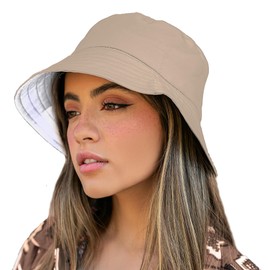 TOSKATOK® UPF 50+ Ladies Women’s Reversible Cotton Bucket Sun Hat - 2 Hats in 1-SAND/WHITE