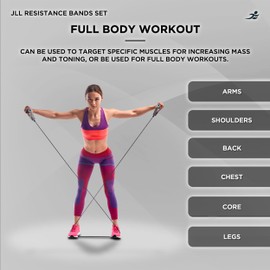 JLL Resistance Bands Set, 12pcs Strength Training Set, 10lbs, 20lbs, 30lbs, 40lbs, 50lbs Bands, Fitness Tube Tension Bands, Ankle Straps, Handles and Carry Bag Included, 150lbs Combined Resistance