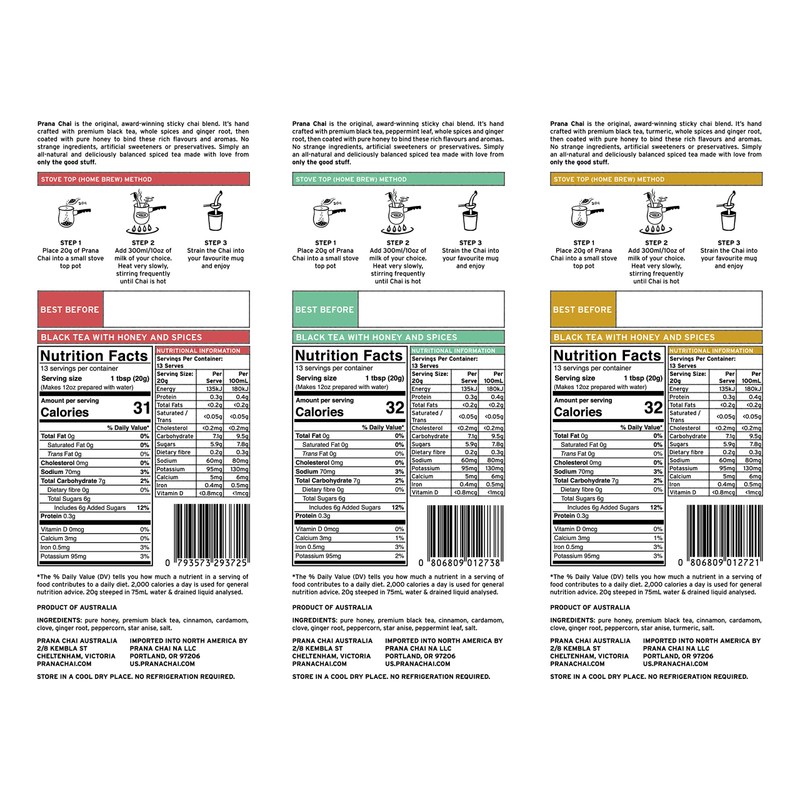 Prana Chai 3 Flavor Sampler - Masala Original Chair, Turmeric
