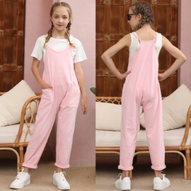 Evensu Pink Jumpsuit For Girls Overalls Rompers Kids Casual Sleeveless Jumper Loose Summer Clothes Outfits With Pockets Size 12-14 13 Years