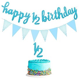 6 Months Birthday Decorations for Boys Girls, Glitter 1/2 Happy Birthday Banner with Triangle Flags Banner, Half Year Baby Shower Birthday Party Decoration (Blue)