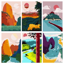 YALKIN Pack of 6 Paint by Numbers Adults, Paint by Numbers, DIY Landscape with Brushes and Acrylic Paints, Hand-Painted Oil Painting Canvas for Home Decor, Without Frame (20 x 30 cm)