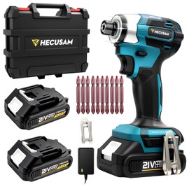 HECUSAM Impact Driver Kit,21V Max Torque 3095 In-lbs(350 N.m) Cordless Impact Driver Set with Two 2.0 Ah Battery, 1/4" Hex Chuck Power Impact Drill, 0-4000 RPM Variable Speed,10Pcs Bits,Toolboxes