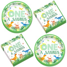 CHUNNIN 50PCS One A Saurus Birthday Party Paper Plates and Napkins Dinosaur First Birthday Decorations Dinosaur First Tableware Set Serves 25 Guests Boy Kids Dino Baby Shower Party Supplies