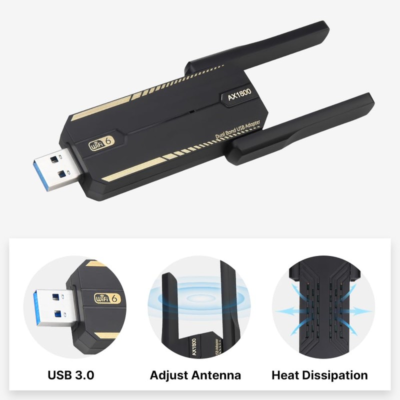 WiFi 6 USB Adapter, Plug and Play, 1800Mbps, Dual Antennas,