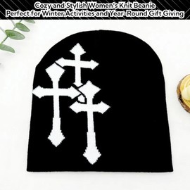 Fashion Knit Beanie with Cross Pattern Y2K Unisex Soft Jacquard Cap Popular Hip-Hop Cool Street Outdoor Sports Earflap Hat (Black)