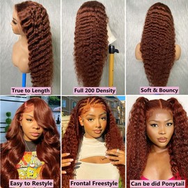 vestlucky 250 Density Reddish Brown Deep Wave Skinlike HD Invisible Lace Frontal Wig Bleached Tiny Knots #33 Colored Wigs Human Hair 13x4 Auburn Red Wet and Wavy Curly Lace Front Wig for Women 30inch