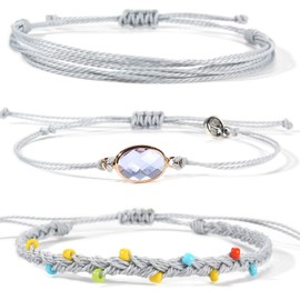 Lynnaneo June Birthstone Bracelets Beaded Boho Bracelets Light Grey Rope Bracelets Cute Braided String Bracelet Sets Waterproof Beach Surfer Jewelry (June)